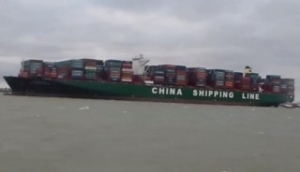 Boxship Giant Grounds on the Elbe River