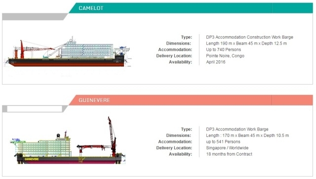 CAMELOT is a DP3 Accommodation Construction Work Barge. GUINEVERE is a DP3 Accommodation Work Barge